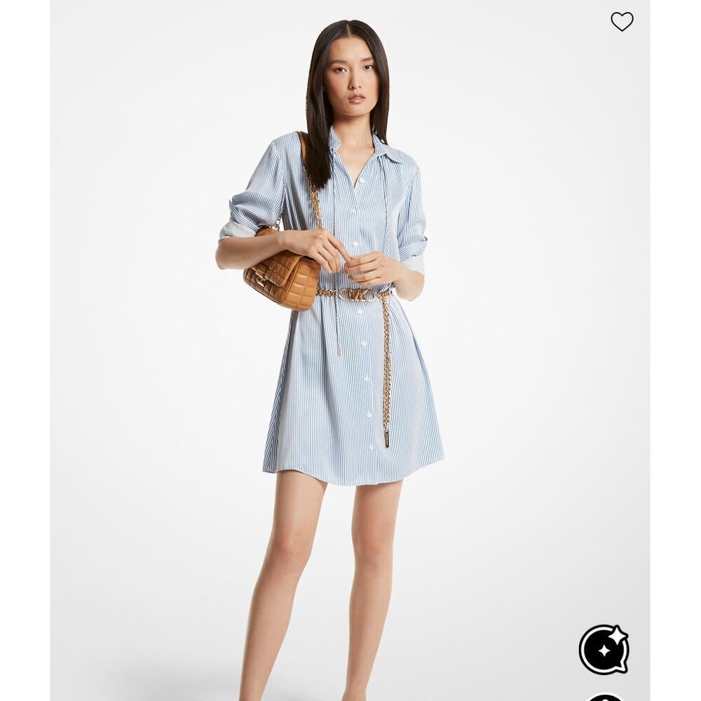 MICHAEL Michael Kors Blueberry Pinstripe Logo Gold Belted Minidress Size S NWT